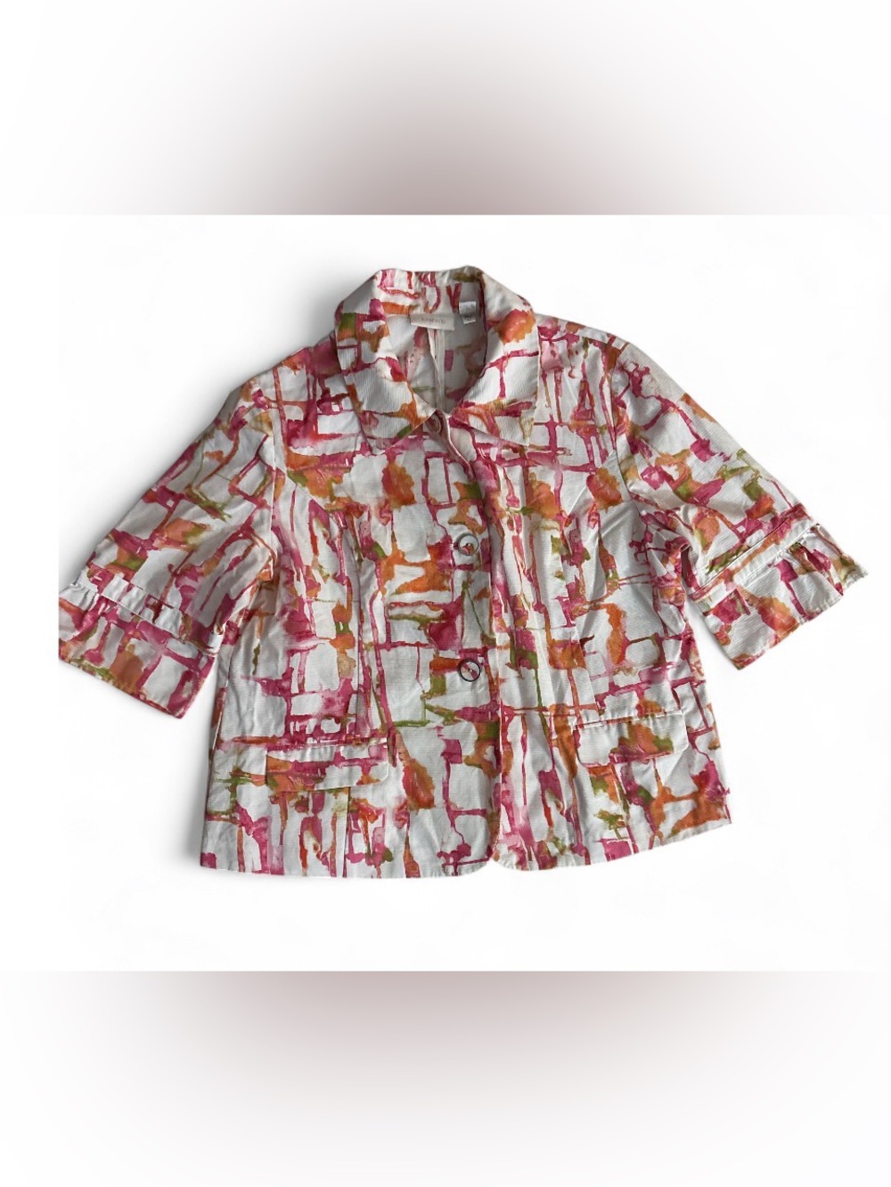 Chico's White Jacket with Pink, Orange & Green Watercolor Print